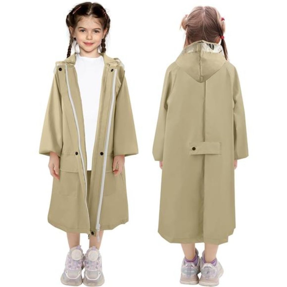 Kids Raincoat with Hood Lightweight Rain Jacket, Khaki